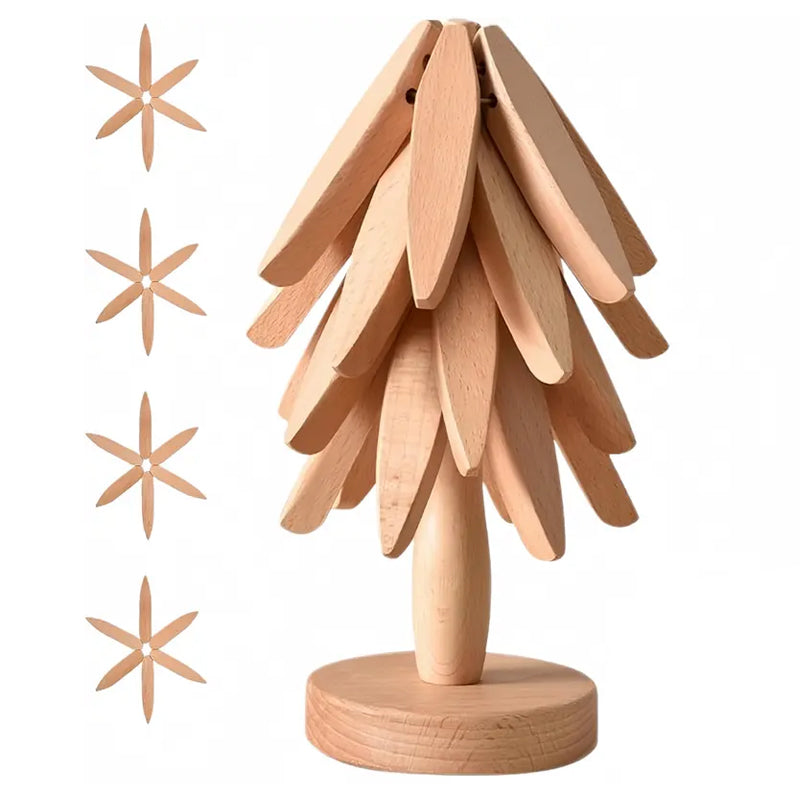 Natural Tree Trivet Set/Eco Wooden Trivet Set - 4 Foldable Heat-Resistant Coasters with Stand