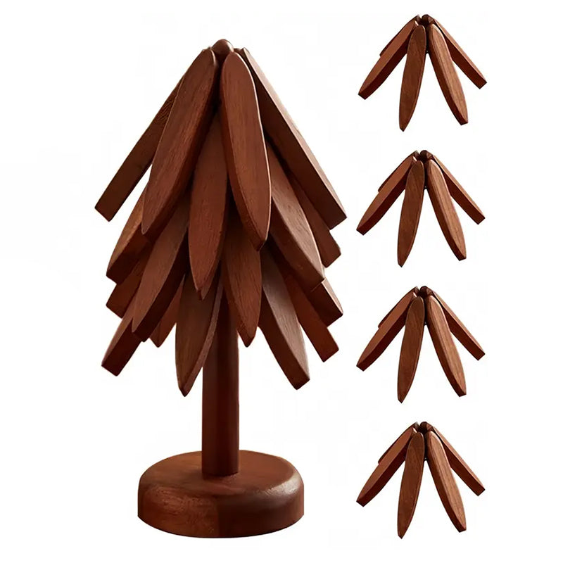 Natural Tree Trivet Set/Eco Wooden Trivet Set - 4 Foldable Heat-Resistant Coasters with Stand