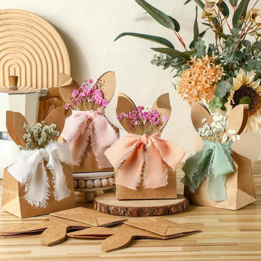 🐰 Easter Bunny Goodie Bags - 12 Packs Boho DIY Paper Gift Boxes with 🎀Neutral Bow Ribbon & 💐Artificial Flowers for Spring Party Favors