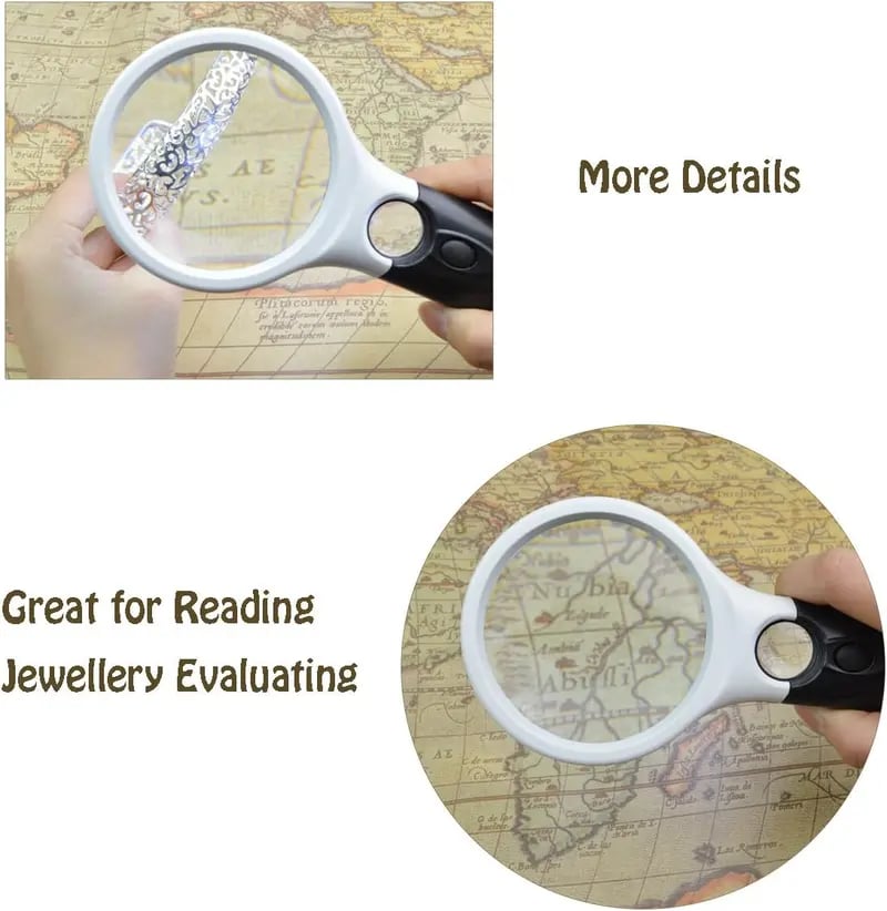 A 10x handheld 3-lamp LED magnifying glass for reading and magnifying jewelry