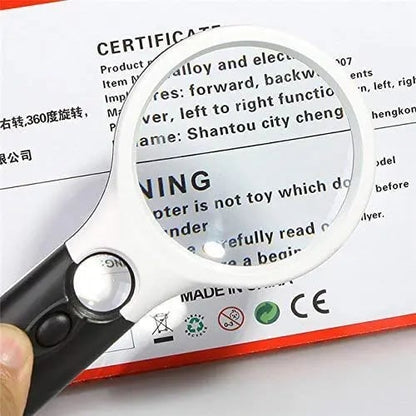 A 10x handheld 3-lamp LED magnifying glass for reading and magnifying jewelry