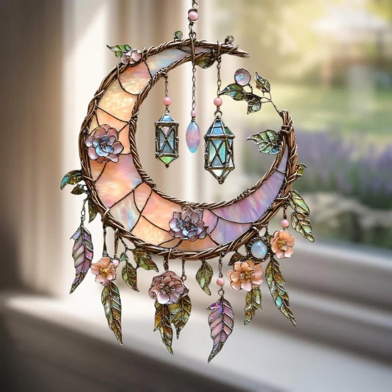 🔥🔥Easter Sale--🌙Hand-Painted Moon and Floral Window Decor💖--2D Acrylic