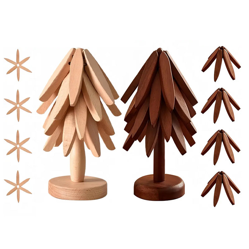 Natural Tree Trivet Set/Eco Wooden Trivet Set - 4 Foldable Heat-Resistant Coasters with Stand