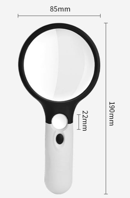 A 10x handheld 3-lamp LED magnifying glass for reading and magnifying jewelry