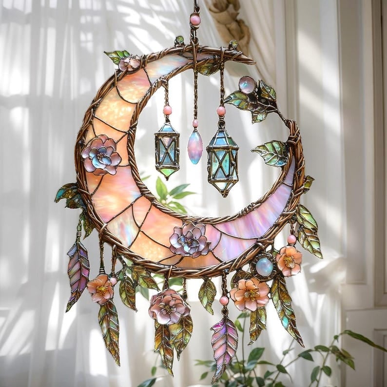 🔥🔥Easter Sale--🌙Hand-Painted Moon and Floral Window Decor💖--2D Acrylic