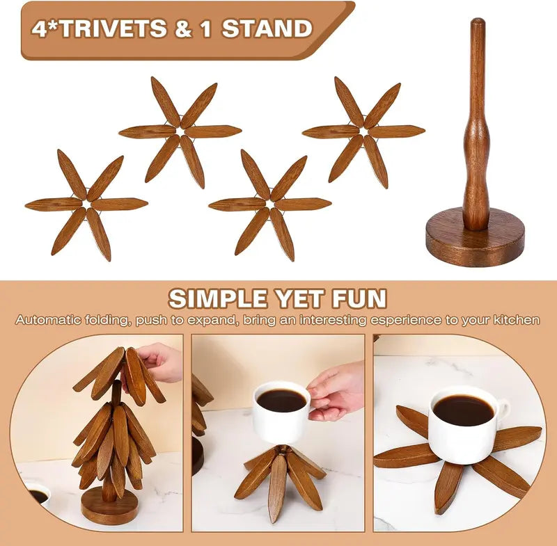 Natural Tree Trivet Set/Eco Wooden Trivet Set - 4 Foldable Heat-Resistant Coasters with Stand