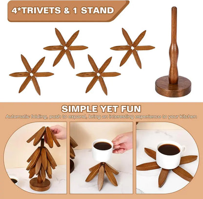 Natural Tree Trivet Set/Eco Wooden Trivet Set - 4 Foldable Heat-Resistant Coasters with Stand