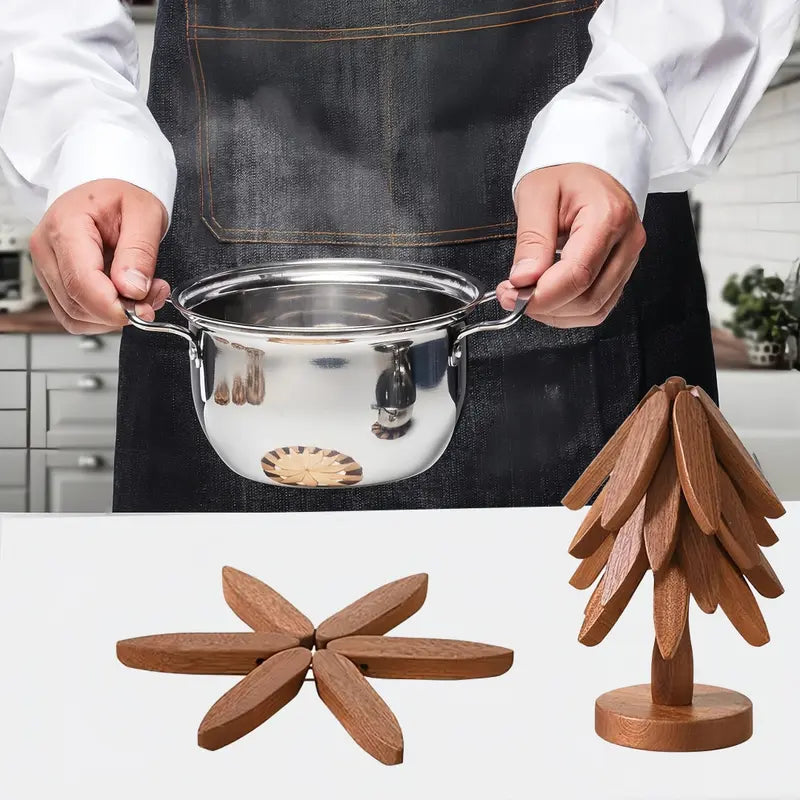 Natural Tree Trivet Set/Eco Wooden Trivet Set - 4 Foldable Heat-Resistant Coasters with Stand