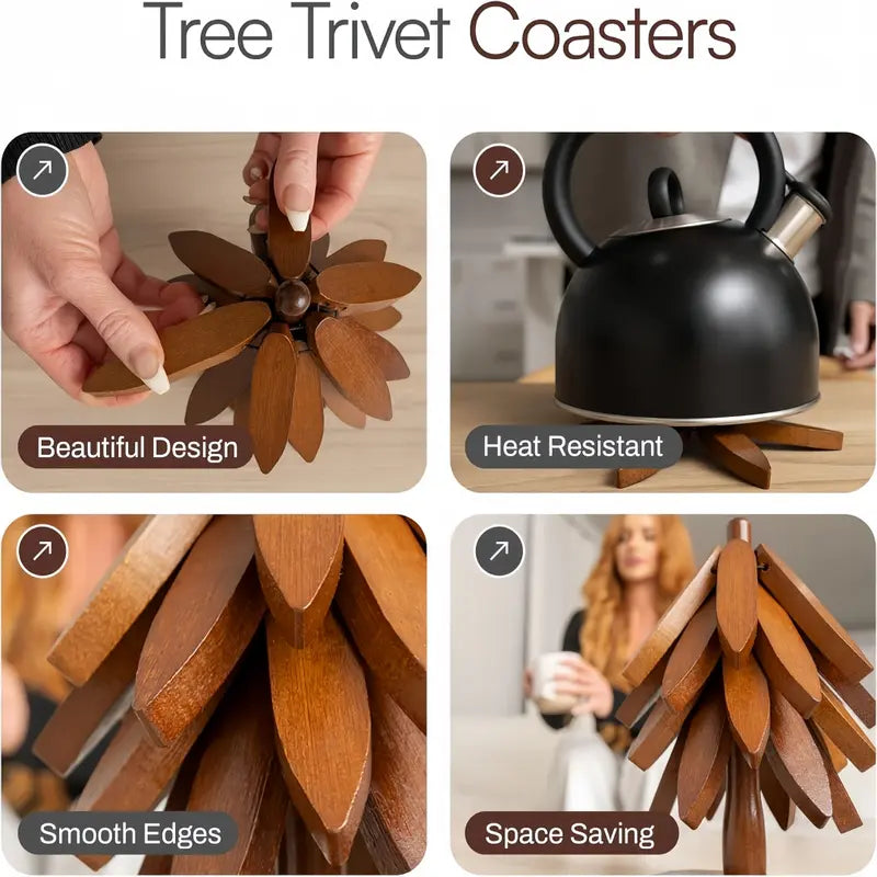 Natural Tree Trivet Set/Eco Wooden Trivet Set - 4 Foldable Heat-Resistant Coasters with Stand